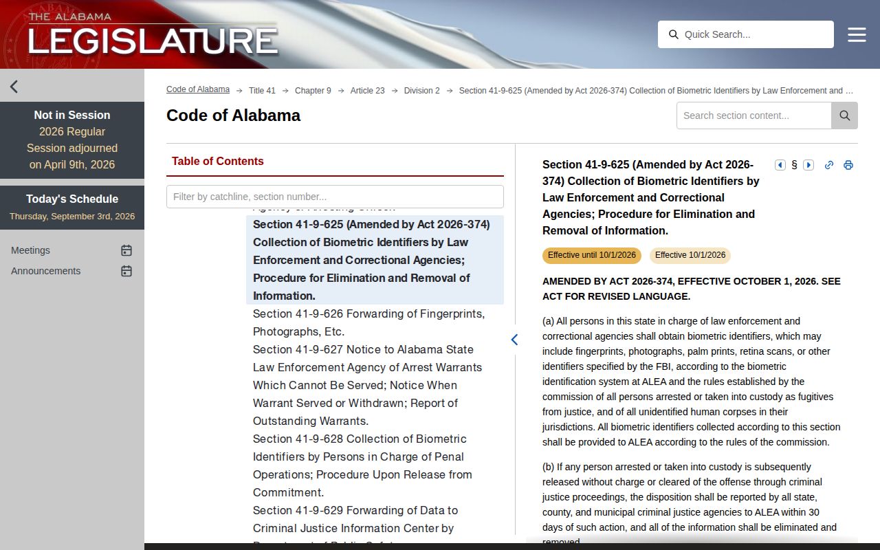 Alabama cleared-case biometric statute relevant to Lowndes County booking photographs